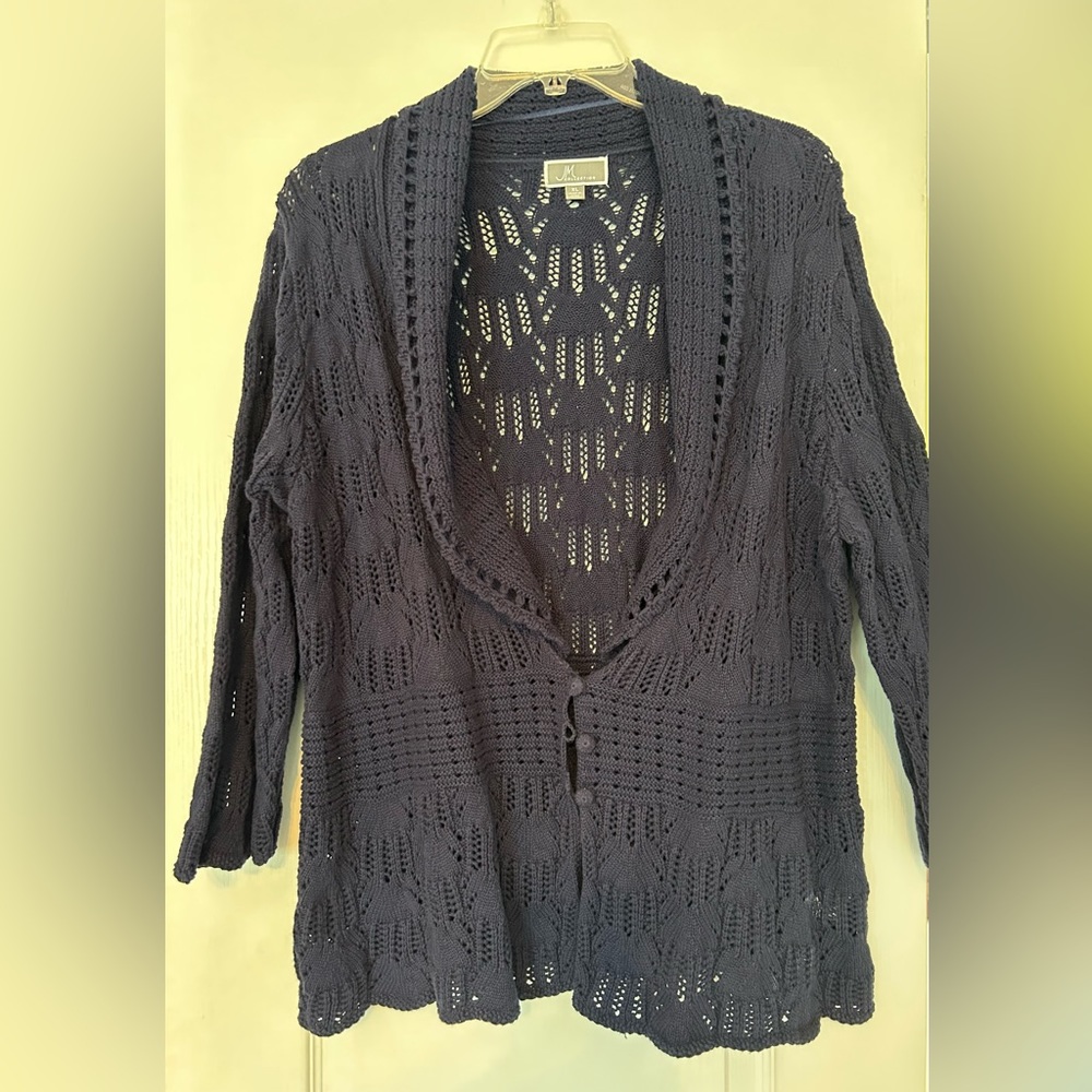 Dressy Navy cardigan with slight flare below waist.  Covered knit buttons.